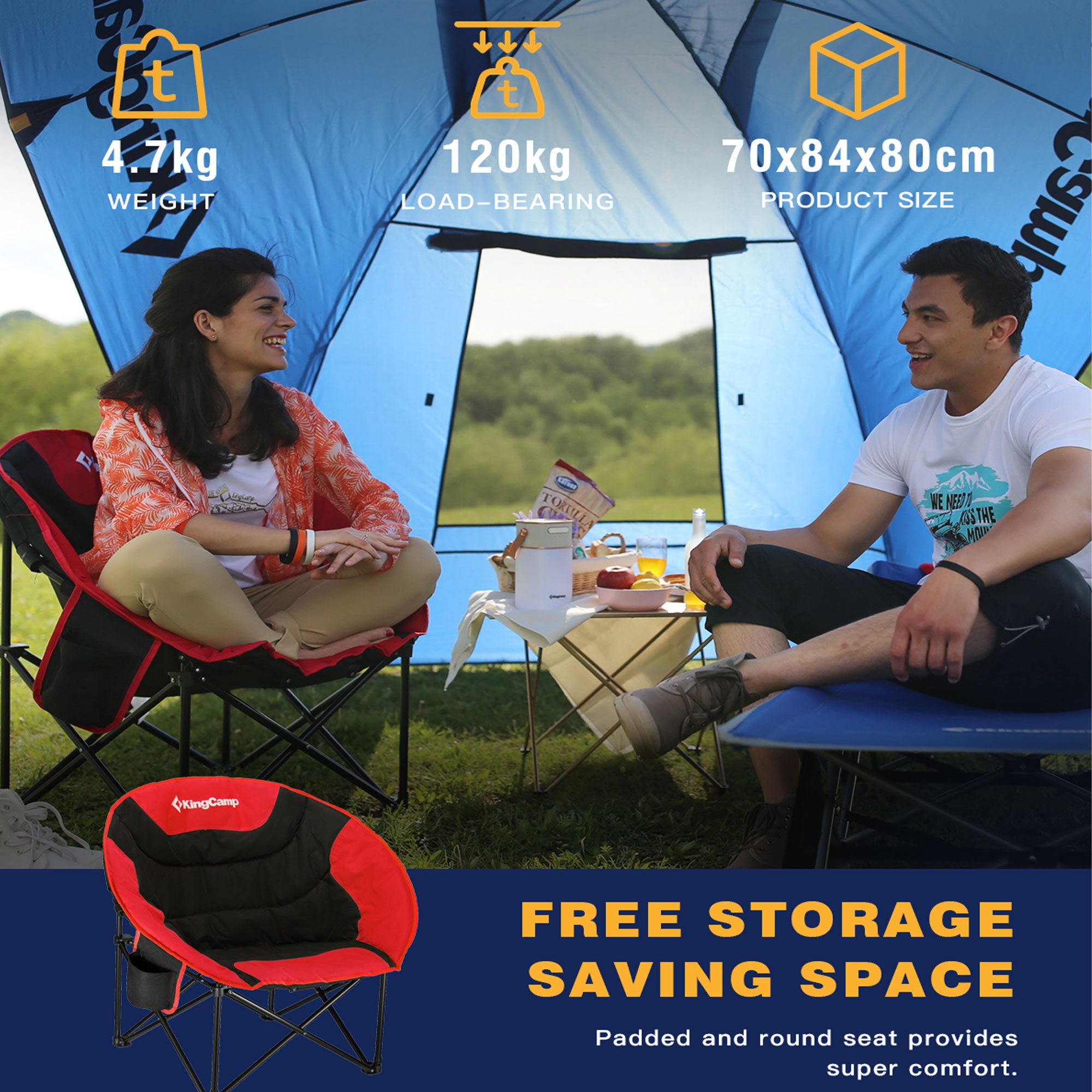 KingCamp Foldable Saucer Lounge Chair w/ Cupholder Storage, Black/Red (Open Box) - VMInnovations