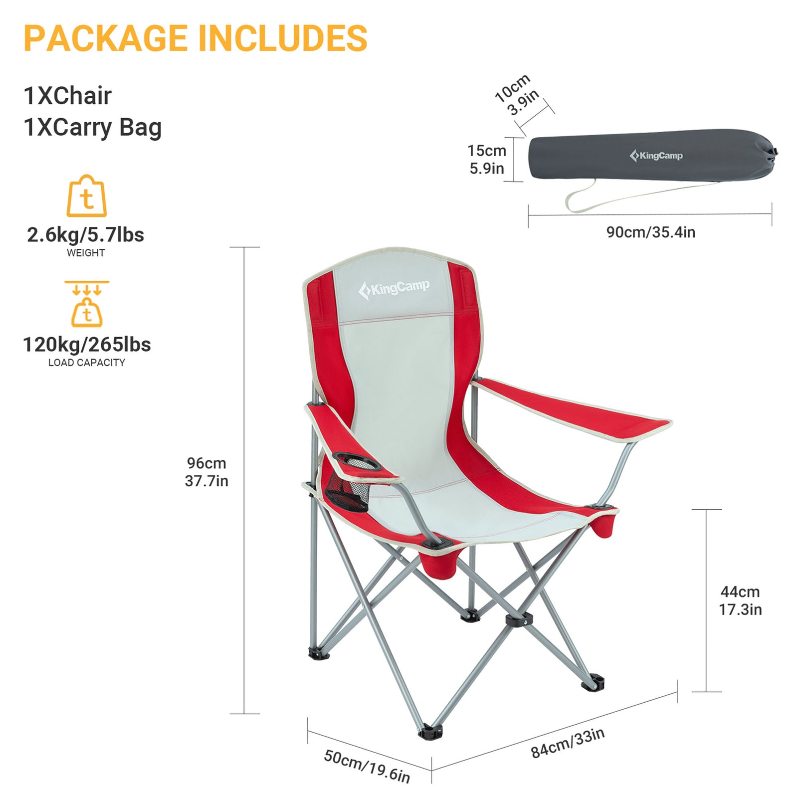 KingCamp Folding Chair w/Mesh Cup Holder & Carry Bag, Red/Gray (2pk) (Open Box) - VMInnovations