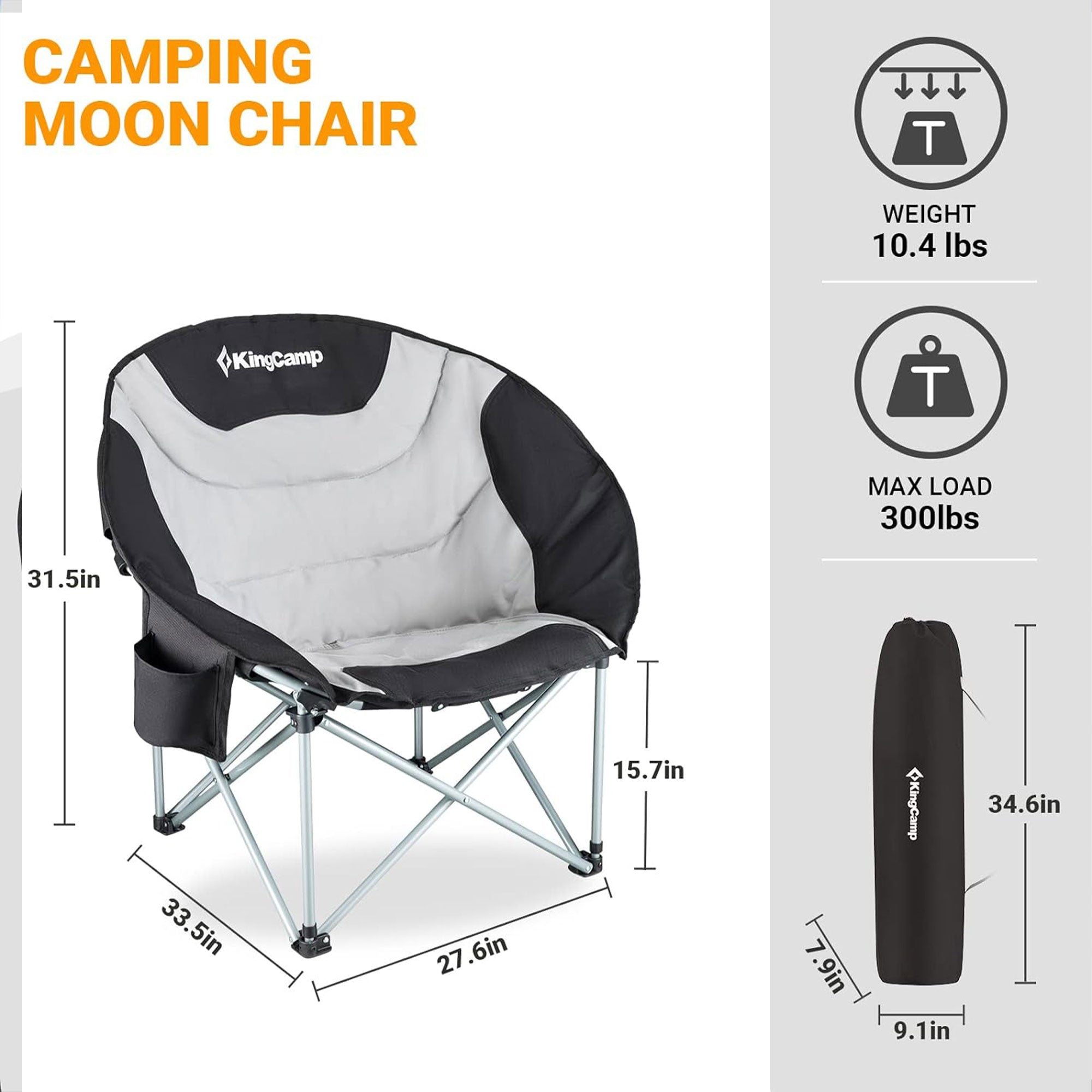 KingCamp Folding Saucer Lounge Chair with Cup Holder Storage, Black/Medium Gray - VMInnovations