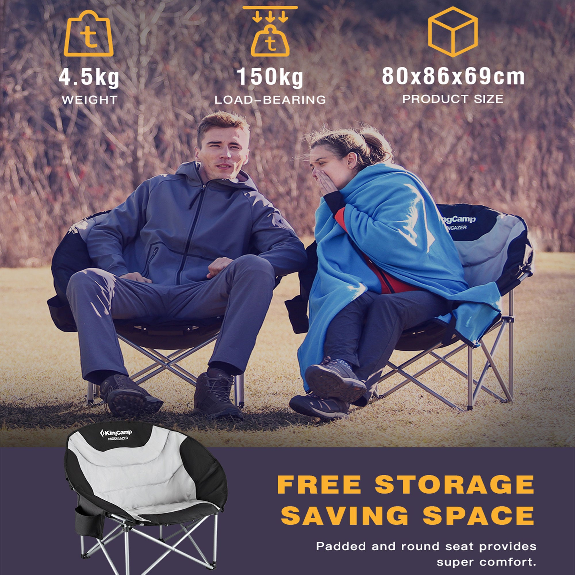 KingCamp Folding Lounge Chair w/Cup Holder Storage, Black/Medium Gray (Open Box) - VMInnovations