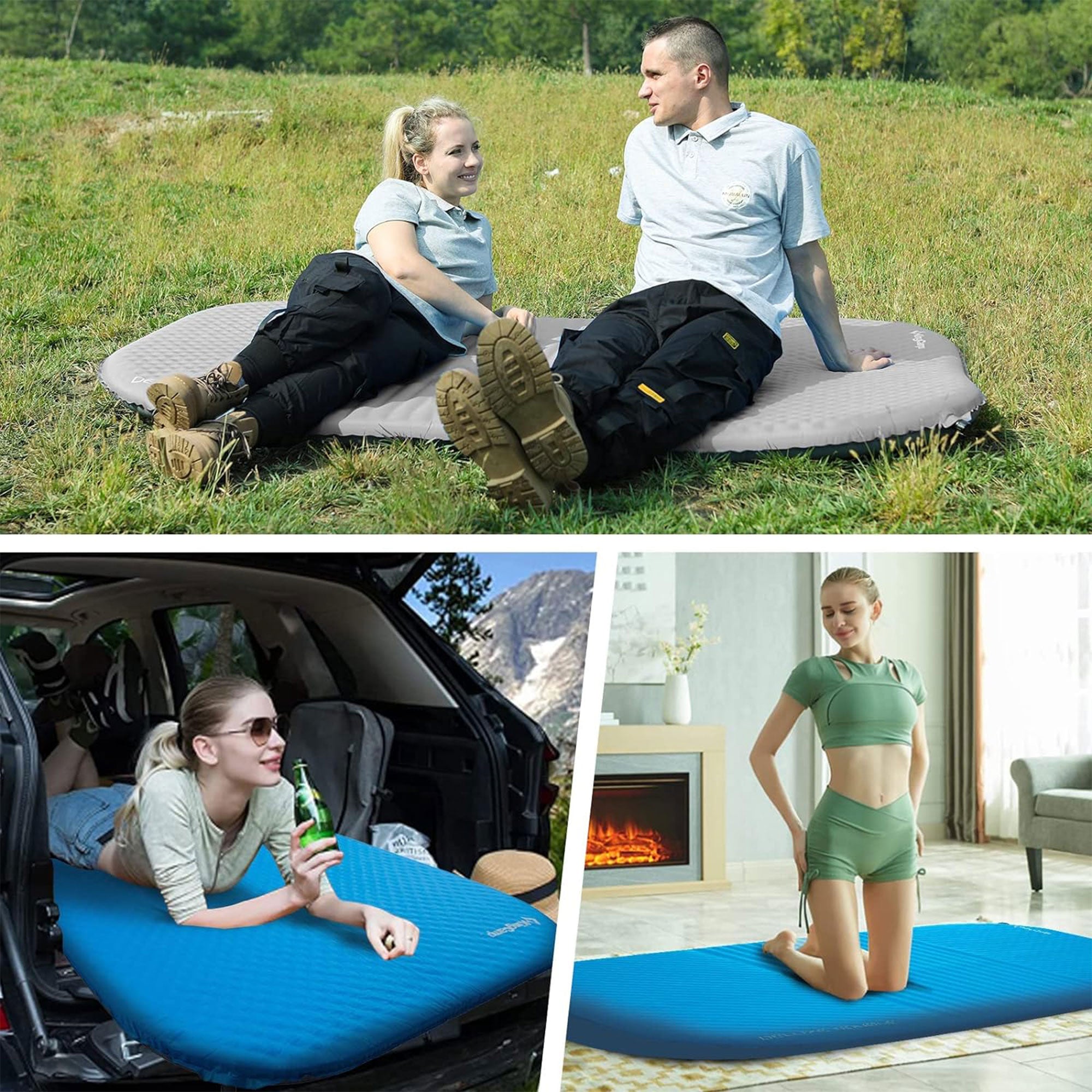 KingCamp 2 Person Self Inflating Double Air Camping Sleeping Pad, Blue/Charcoal (Used) - VMInnovations