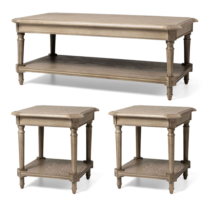 Maven Lane Pullman Traditional Wooden Coffee and 2 Side Tables, Antiqued Grey