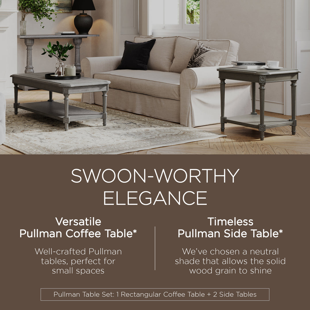 Maven Lane Pullman Traditional Wooden Coffee and 2 Side Tables, Antiqued Grey