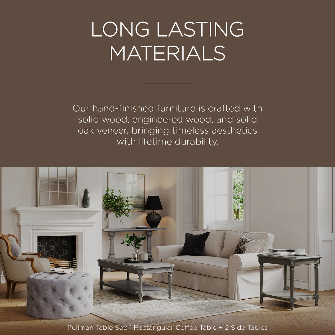 Maven Lane Pullman Traditional Wooden Coffee and 2 Side Tables, Antiqued Grey