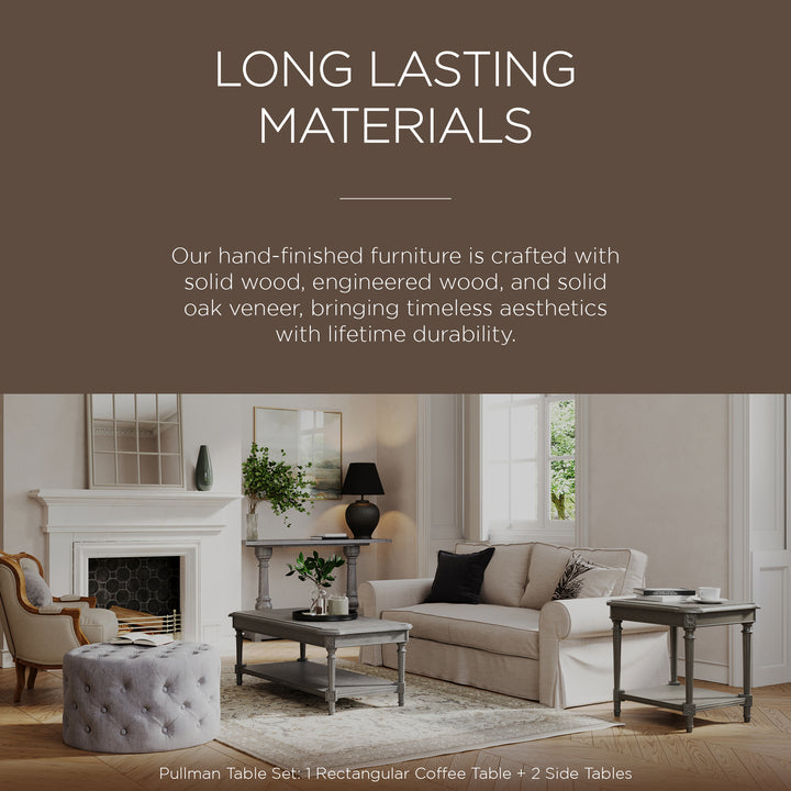Maven Lane Pullman Traditional Wooden Coffee and 2 Side Tables, Antiqued Grey