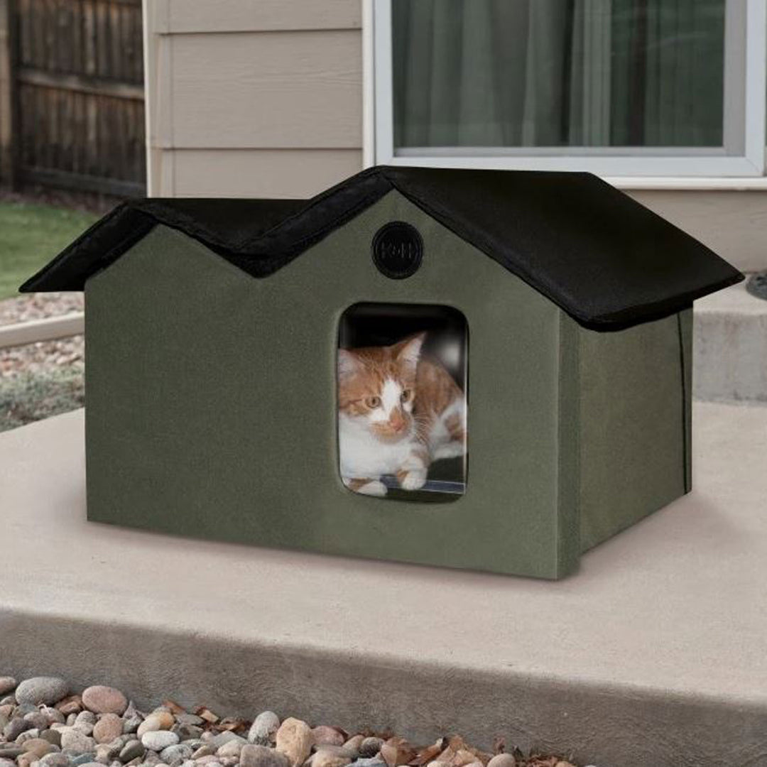 K&H Pet Products Extra Wide Heated Kitty House with 2 Doors, Olive (Used)