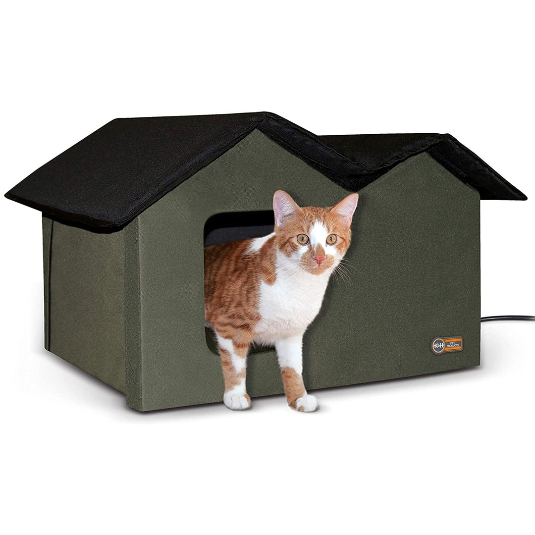 K&H Pet Products Extra Wide Heated Kitty House with 2 Doors, Olive (Used)