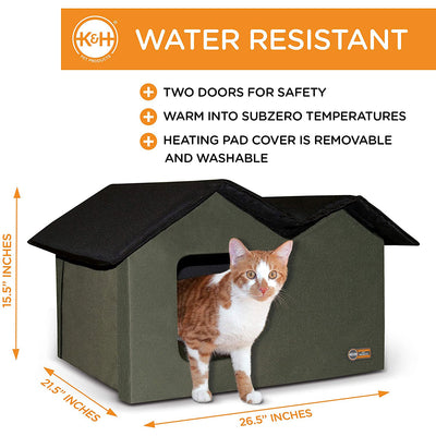 K&H Pet Products Extra Wide Heated Kitty House with 2 Doors, Olive (Used) - VMInnovations