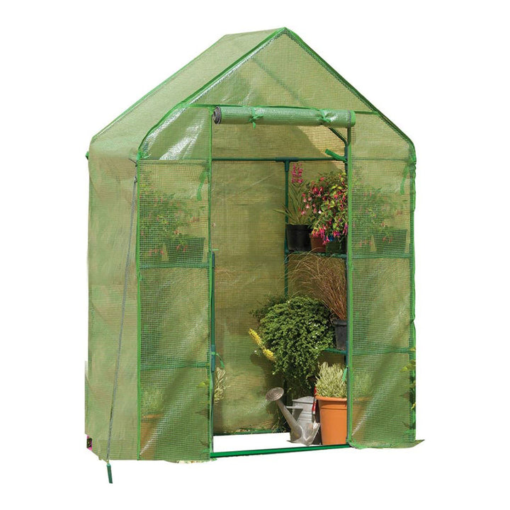 Gardman Walk In Greenhouse with 2 Tier Shelving Unit and Zippered Door, Green