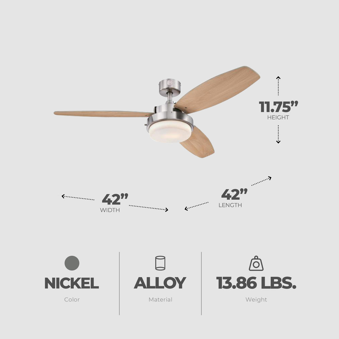 Westinghouse 42 Inch Alloy Ceiling Fan with Brushed Nickel and Reversible Blades