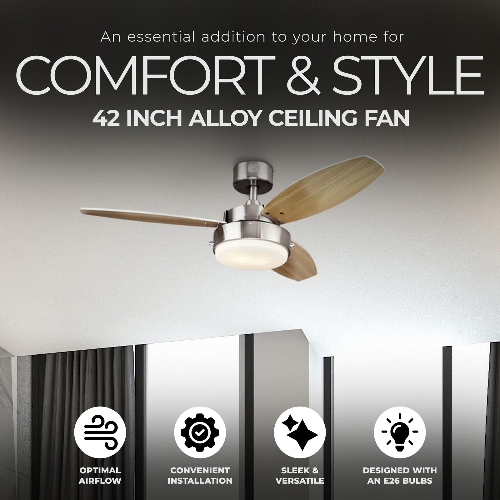 Westinghouse 42 Inch Alloy Ceiling Fan with Brushed Nickel and Reversible Blades - VMInnovations