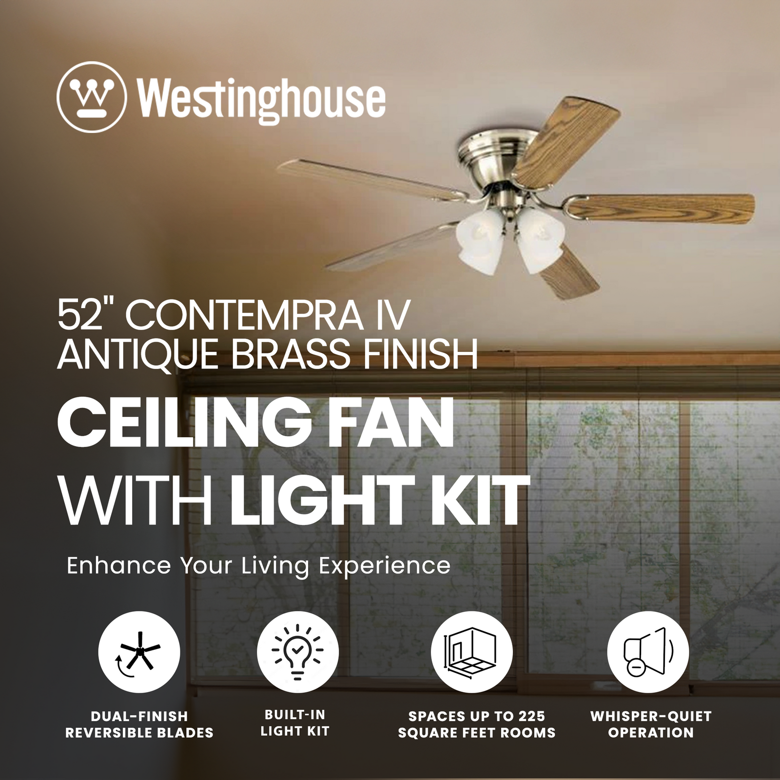 Westinghouse 52" Contempra IV Brass Finish Ceiling Fan w/Light Kit (Open Box) - VMInnovations