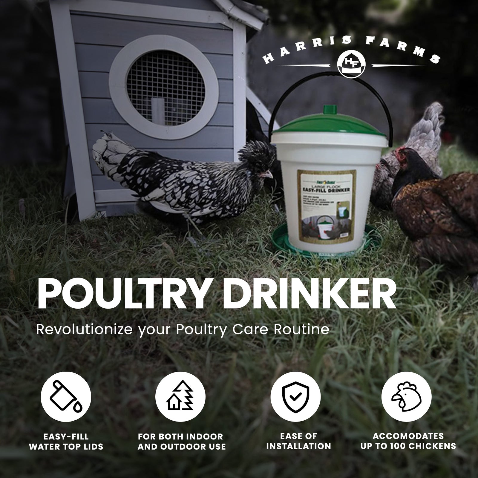 Harris Farms Poultry Drinker with Top Lid and Carrying Handle for Any Size Flock - VMInnovations