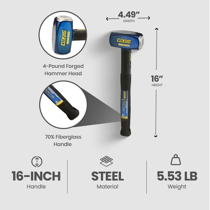 Estwing 4lb Head Hard Face Sledge Hammer w/16 Inch Fiberglass Handle (Open Box)