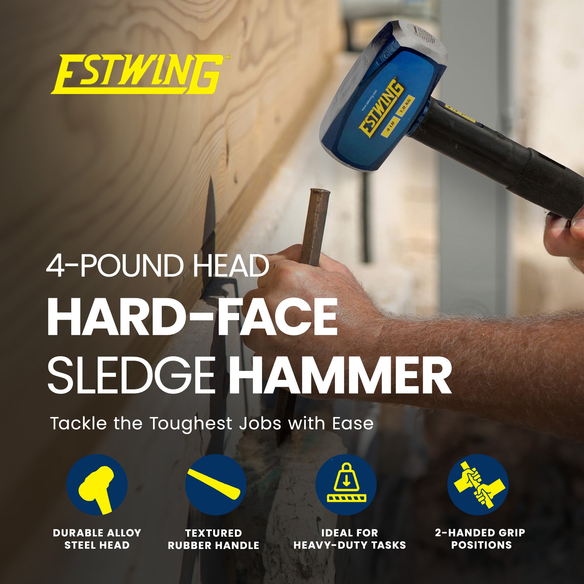 Estwing 4 Pound Head Hard Face Sledge Hammer with 16 Inch Fiberglass Handle - VMInnovations