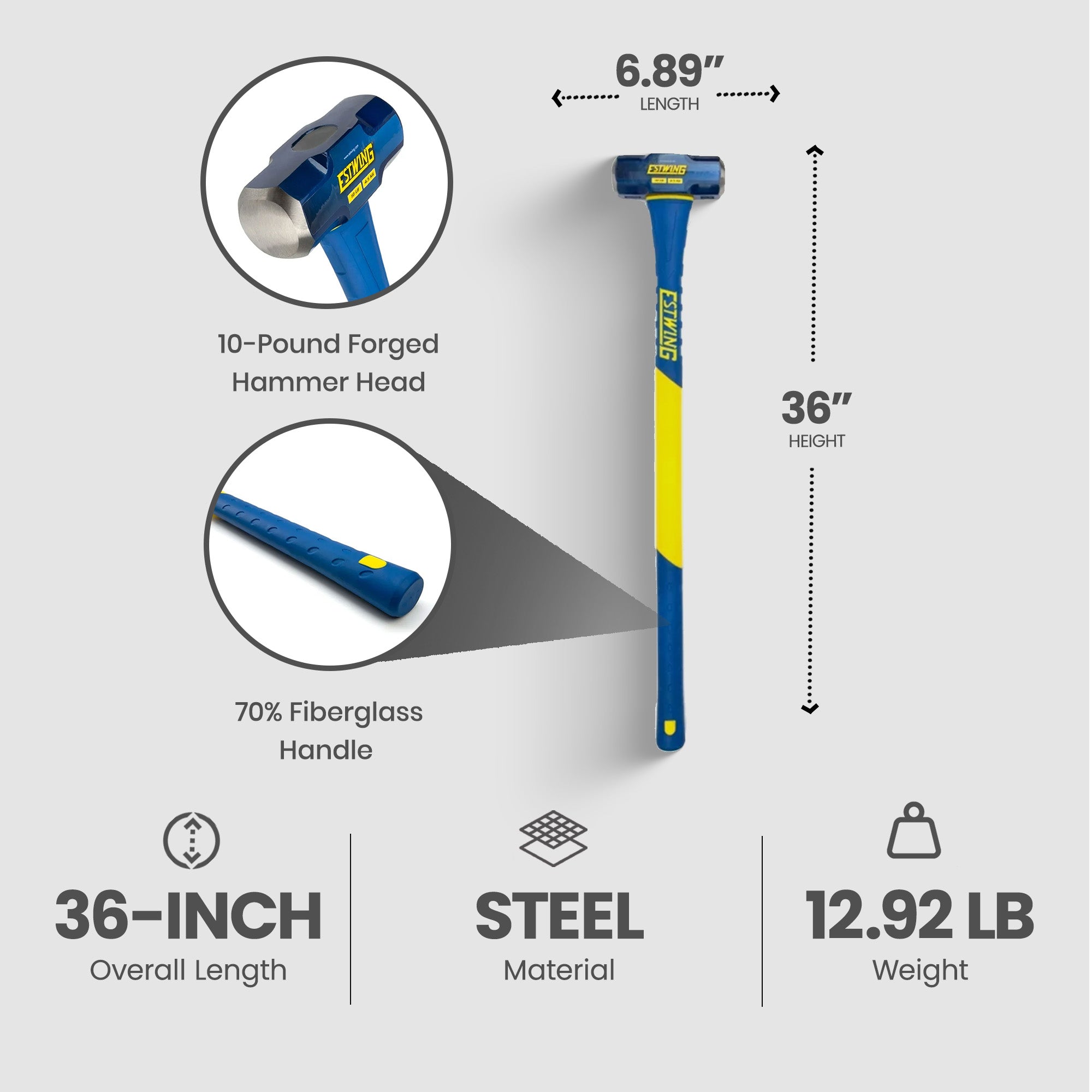 Estwing 10 Pound Head Hard Face Sledge Hammer with 36 Inch Fiberglass Handle - VMInnovations