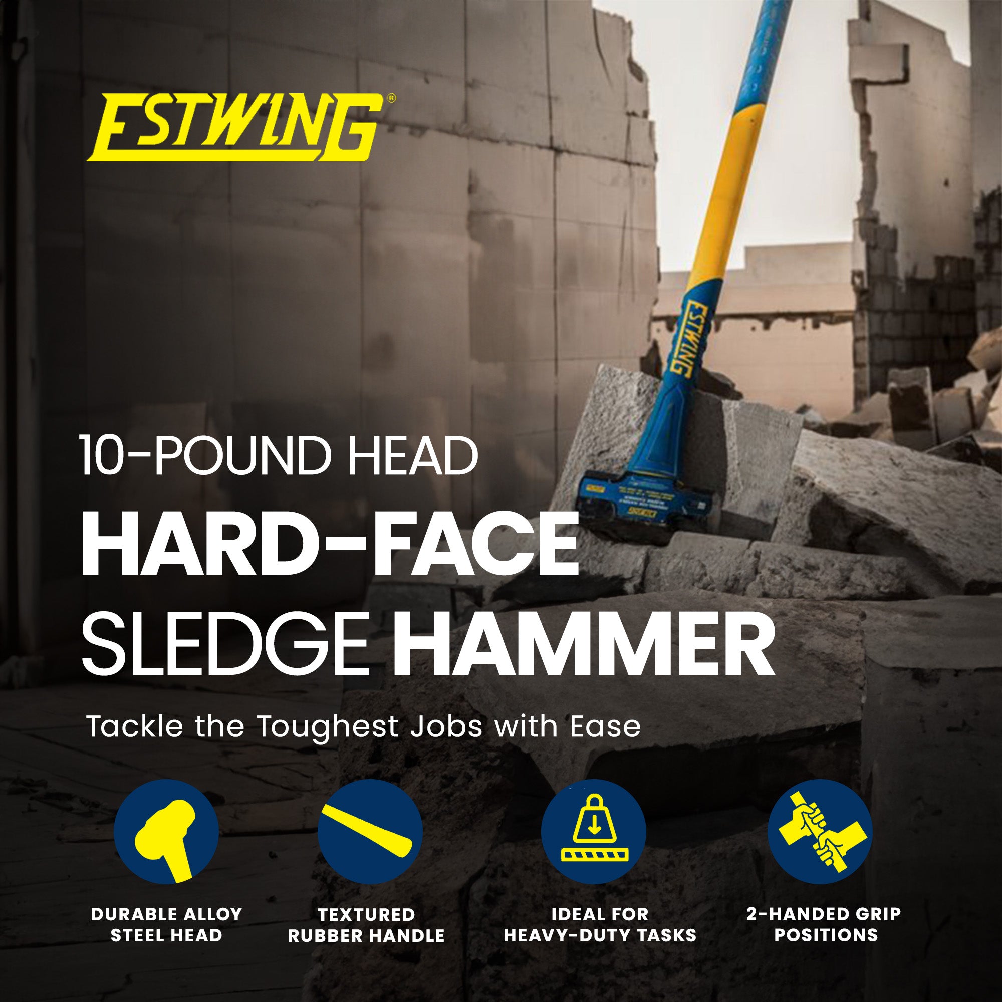 Estwing 10 Pound Head Hard Face Sledge Hammer with 36 Inch Fiberglass Handle - VMInnovations