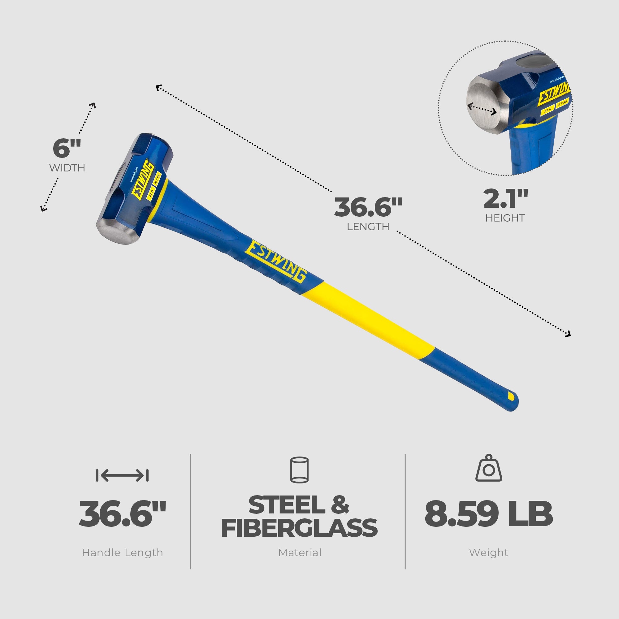 Estwing 6 Pound Head Hard Face Sledge Hammer with 36 Inch Fiberglass Handle - VMInnovations