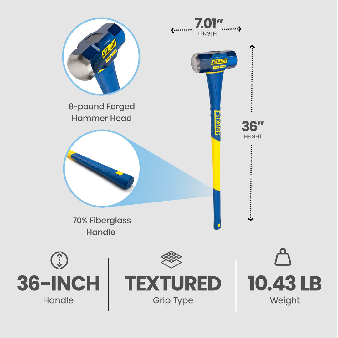 Estwing 8 Pound Head Hard Face Sledge Hammer with 36 Inch Fiberglass Handle