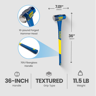 Estwing 10lb Head Hard Face Sledge Hammer with 36" Fiberglass Handle (Open Box) - VMInnovations