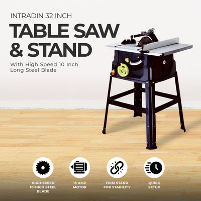 Intradin 32 Inch Table Saw and Stand with High Speed 10 Inch Long Steel Blade