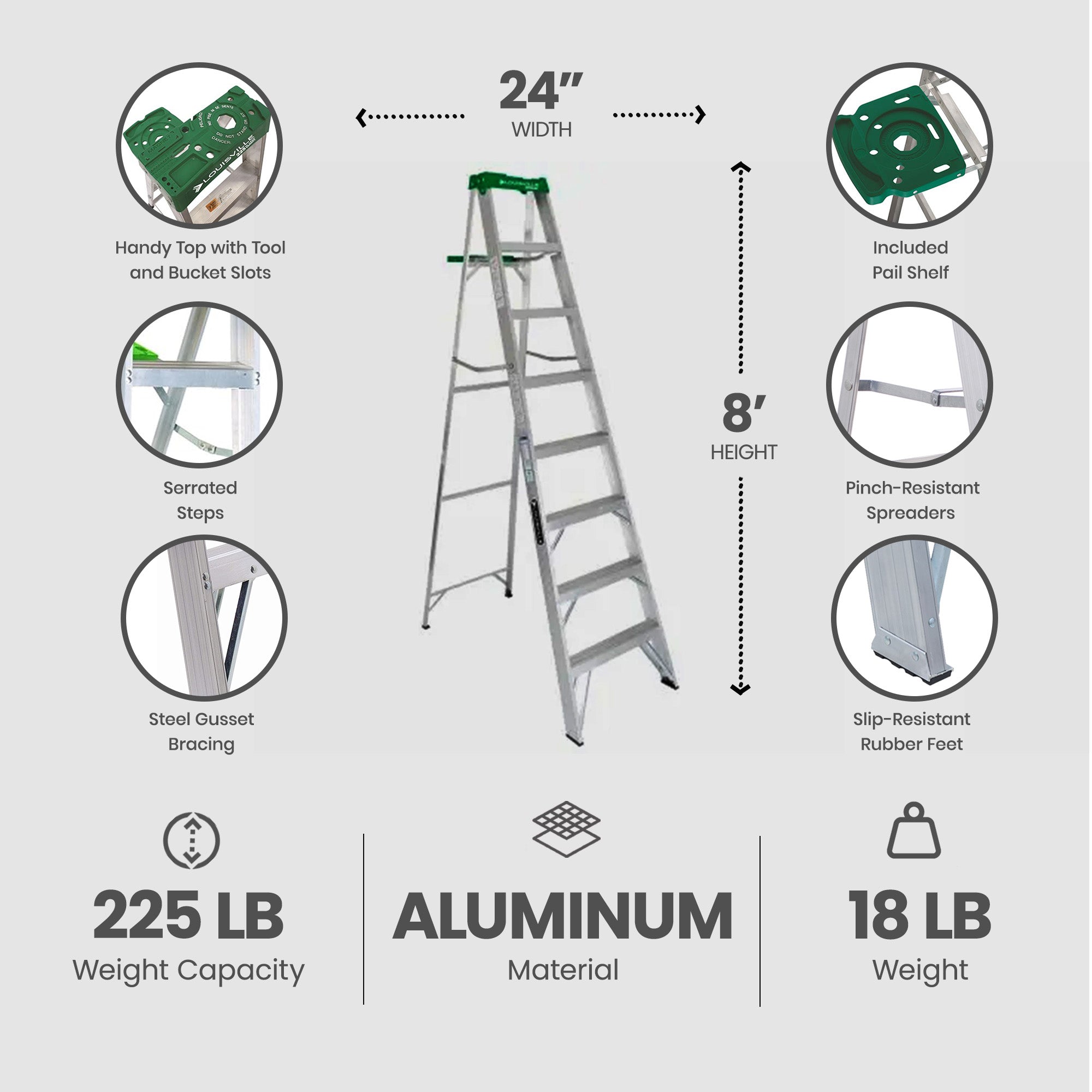 Louisville Ladder 8 Feet Aluminum Stepladder with Rubber Feet and Tool Slot