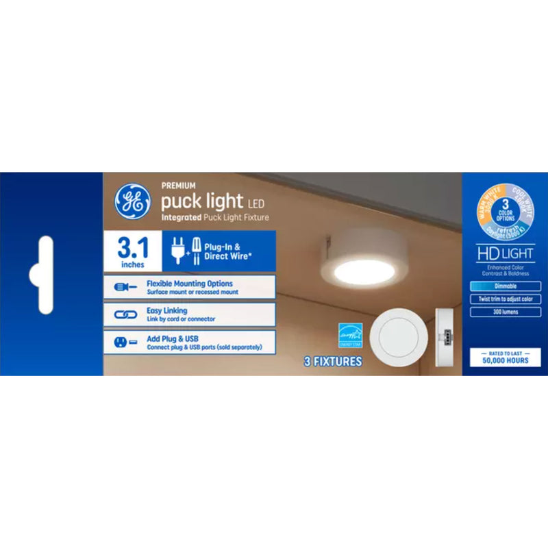 GE LED Plastic Puck Light with Flexible Mounting Options and Easy Linking, White
