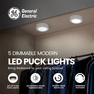 GE Set of 5 Dimmable Modern Corded Electric Plastic LED 4 Watt Puck Light, White