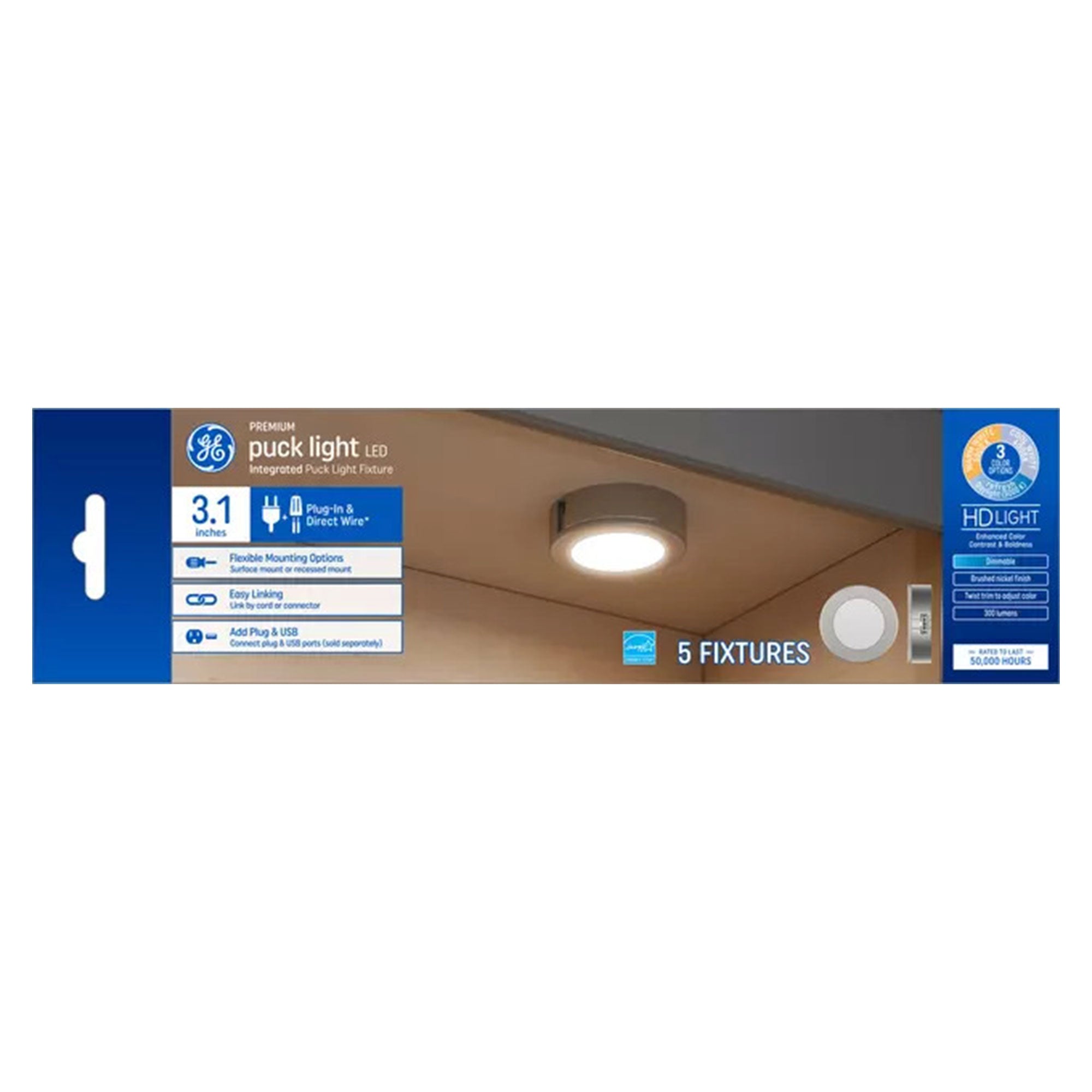 GE Dimmable Modern Corded Electric Plastic LED Puck Lights, Silver (Open Box)