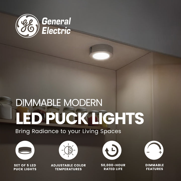 GE Dimmable Modern Corded Electric Plastic LED Puck Lights, Silver (Open Box)