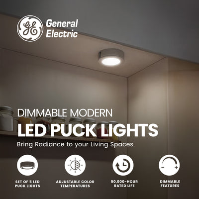 GE Dimmable Modern Corded Electric Plastic LED Puck Lights, Silver (Open Box) - VMInnovations