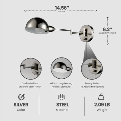 Globe Electric LED Pharmacy Wall Sconce with Steel Finish and Extendable Arm - VMInnovations