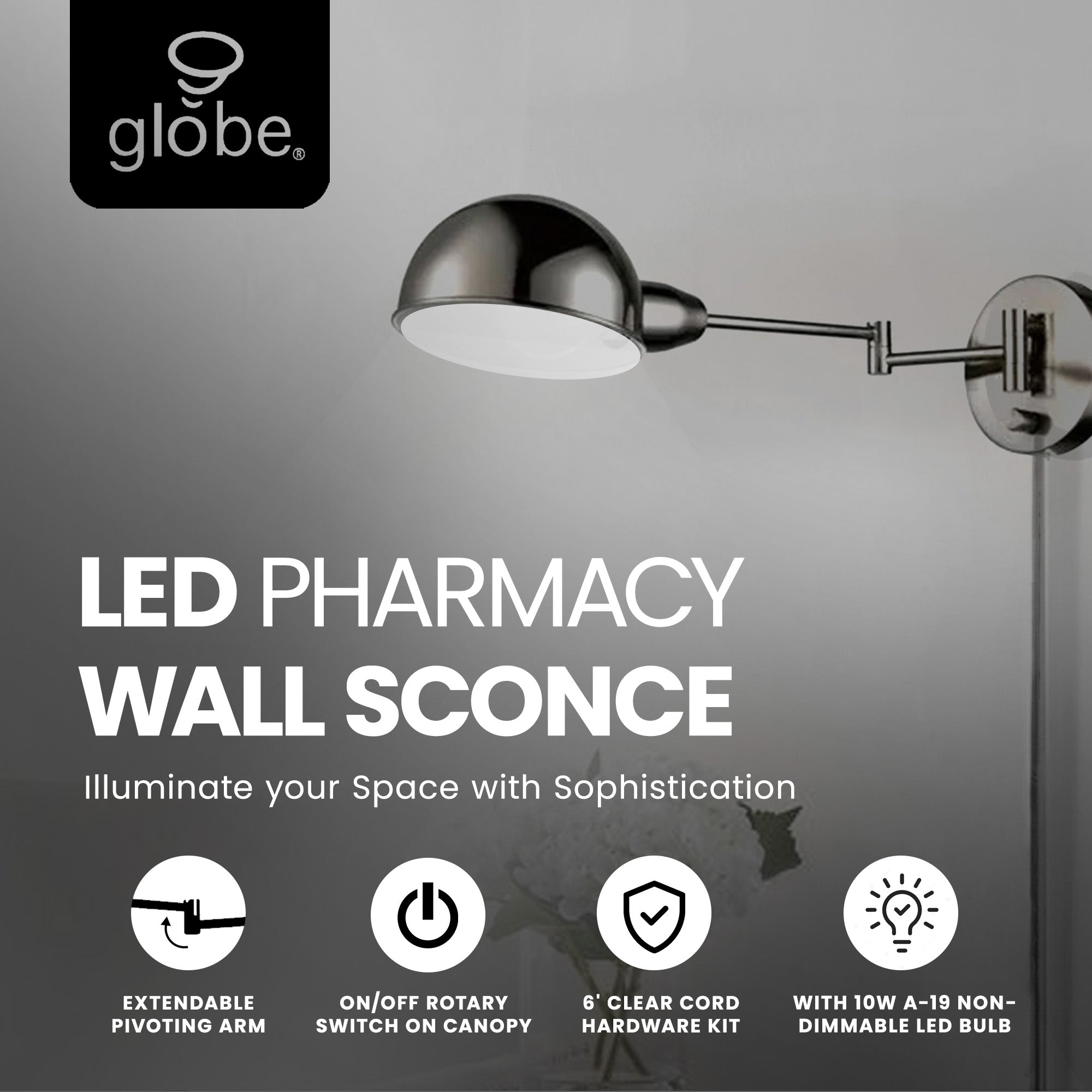 Globe Electric LED Pharmacy Wall Sconce with Steel Finish and Extendable Arm - VMInnovations