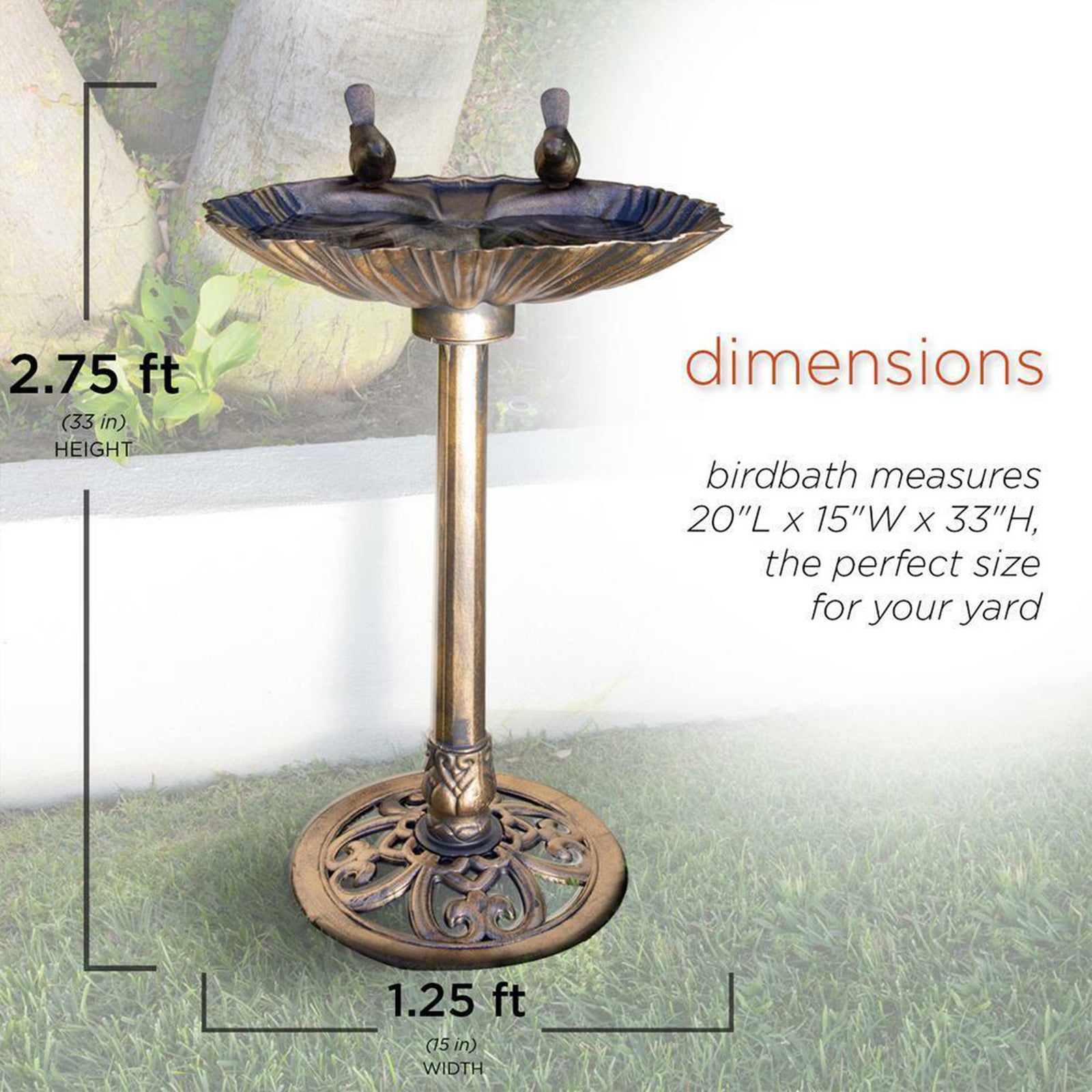 Alpine 13" by 30" Outdoor Bird Bath with 2 Bird Figurines Yard Statue, Bronze - VMInnovations