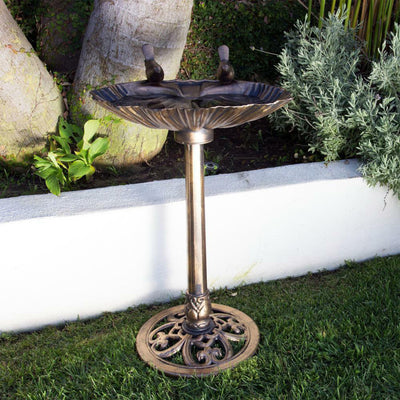 Alpine 13" by 30" Outdoor Bird Bath with 2 Bird Figurines Statue, Bronze (Used)