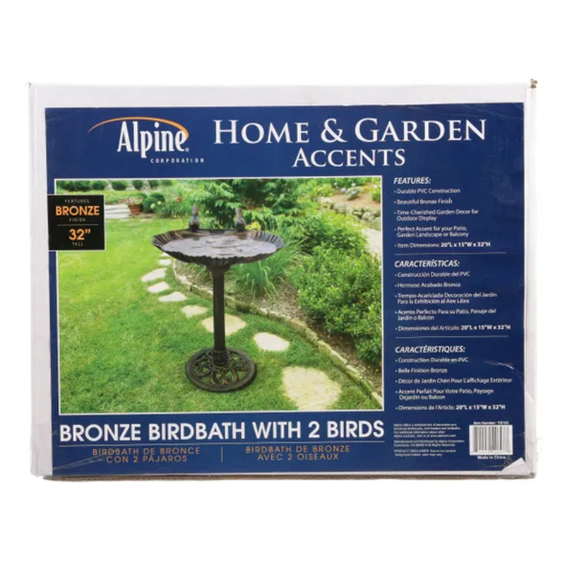 Alpine 13"x30" Bird Bath w/2 Bird Figurines Yard Statue, Bronze (For Parts)