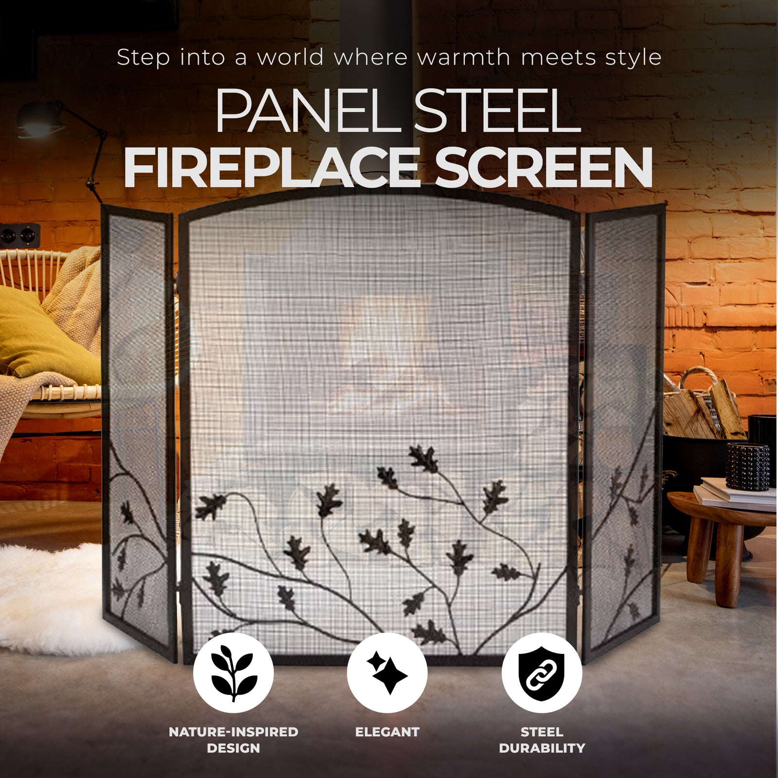 Panacea 32 x 50 Inch 3 Panel Steel Fireplace Screen, Natural Brown/Oak Leaf - VMInnovations