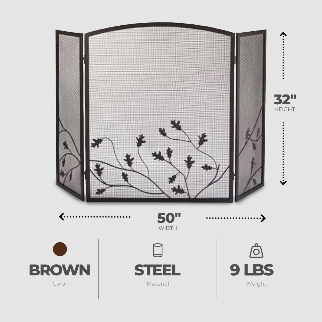 Panacea 32 x 50 Inch 3 Panel Steel Fireplace Screen, Natural Brown/Oak Leaf