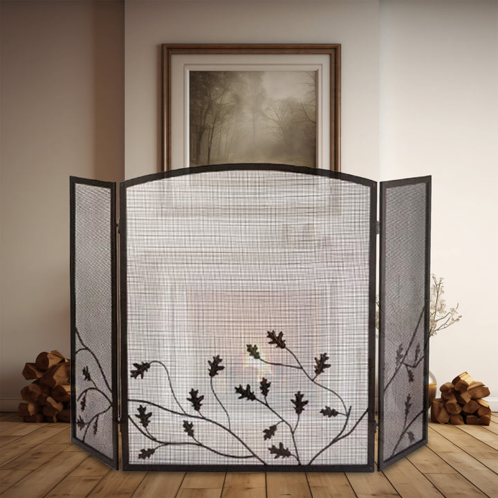 Panacea 32 x 50 Inch 3 Panel Steel Fireplace Screen, Natural Brown/Oak Leaf