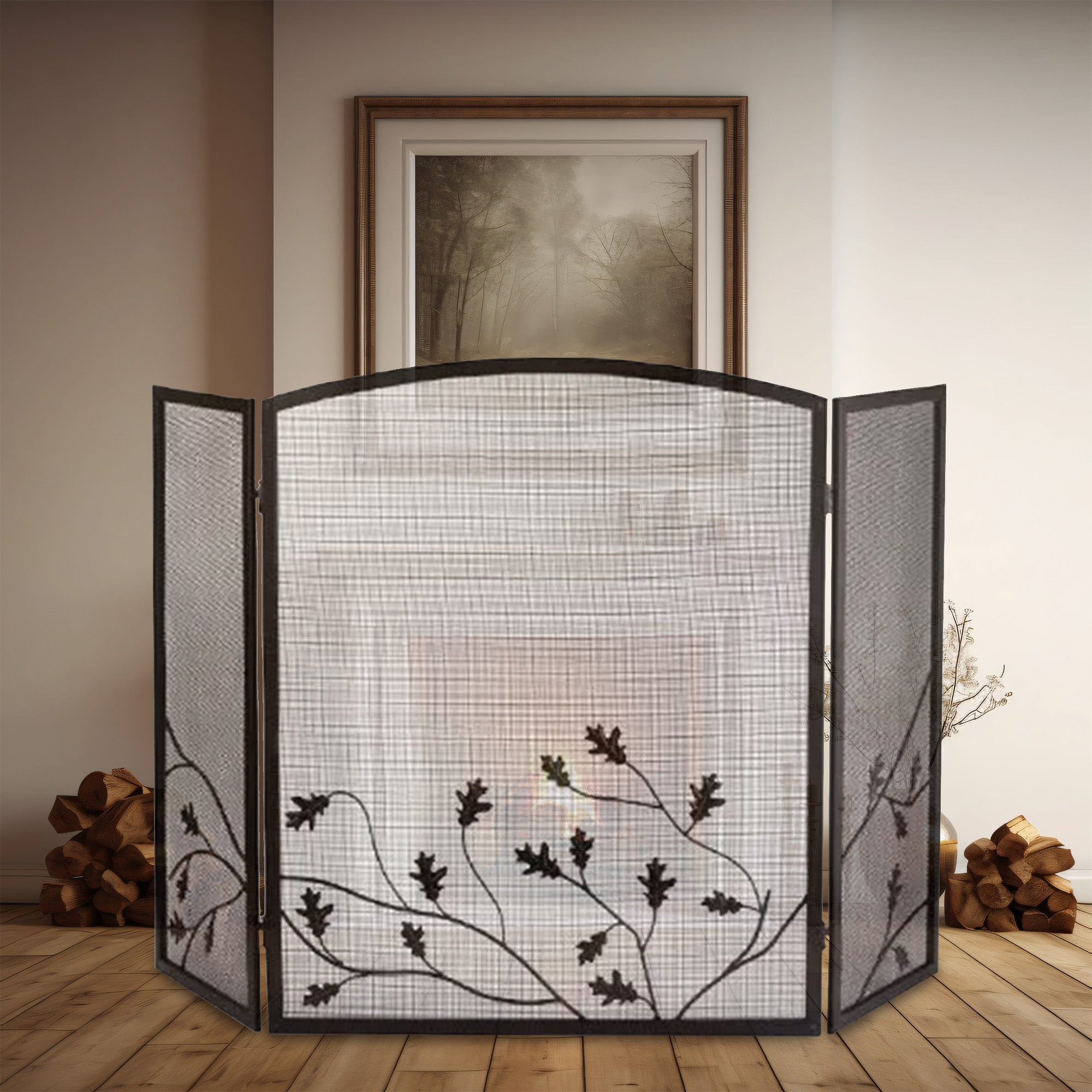 Panacea 32"x50" 3 Panel Steel Fireplace Screen, Natural Brown/Oak Leaf(Open Box) - VMInnovations