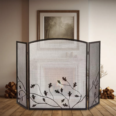 Panacea 32"x50" 3 Panel Steel Fireplace Screen, Natural Brown/Oak Leaf(Open Box) - VMInnovations