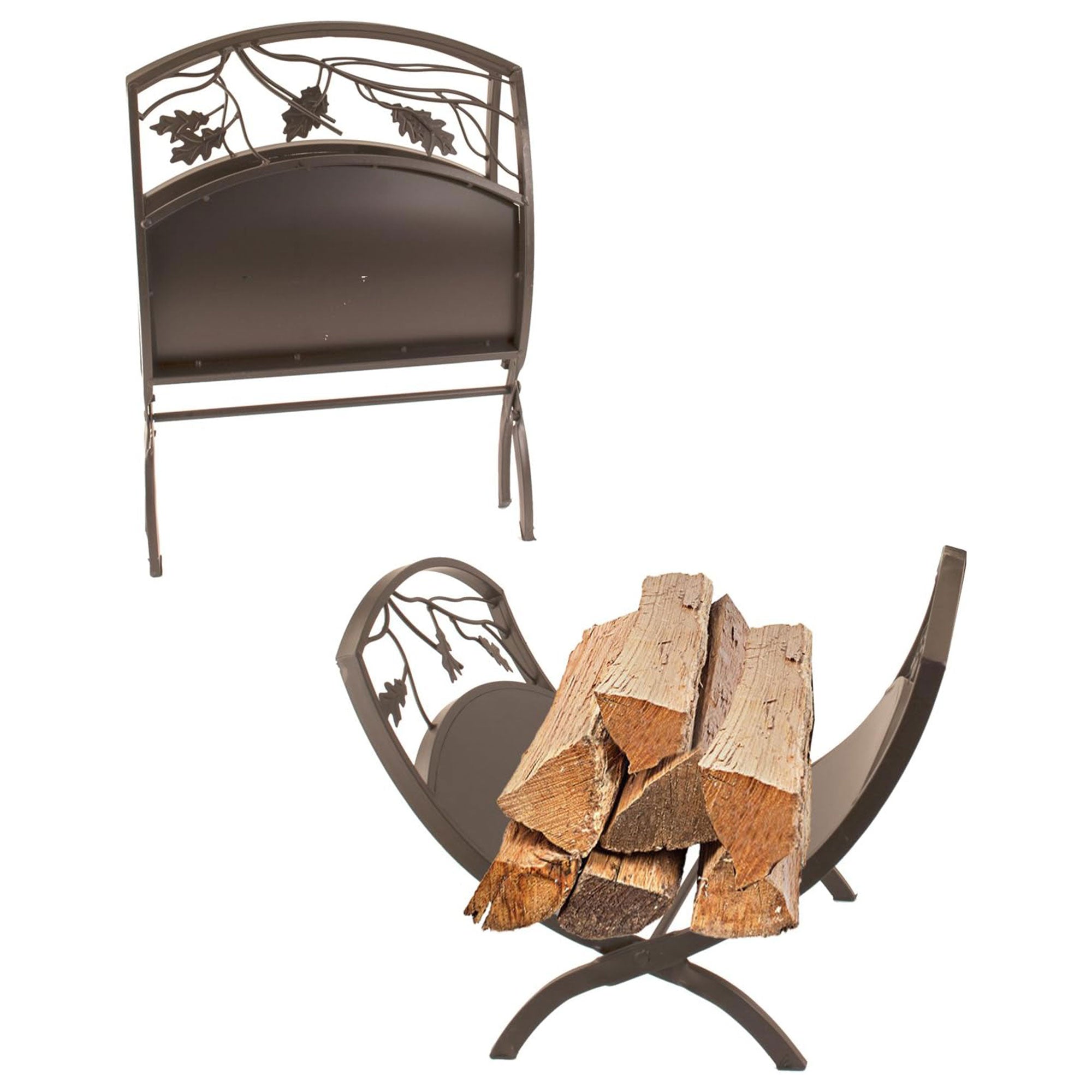 Panacea Foldable Powder-coated Steel Oak Leaf Log Bin with Pan, Brown (Open Box) - VMInnovations