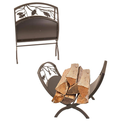 Panacea Foldable Powder-coated Steel Oak Leaf Log Bin with Pan, Brown (Open Box) - VMInnovations