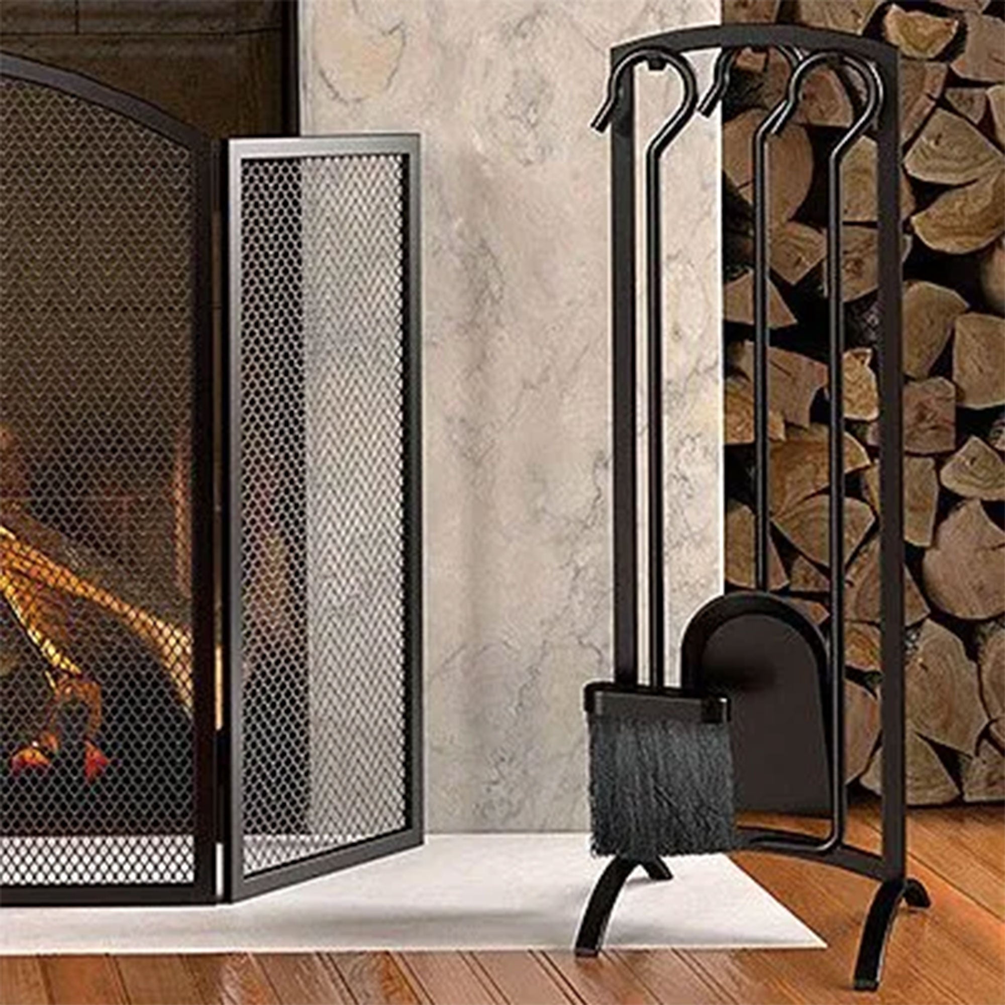Panacea 4 Piece Arch Top Fireplace Tool Set with Brush, Shovel, Poker and Stand - VMInnovations