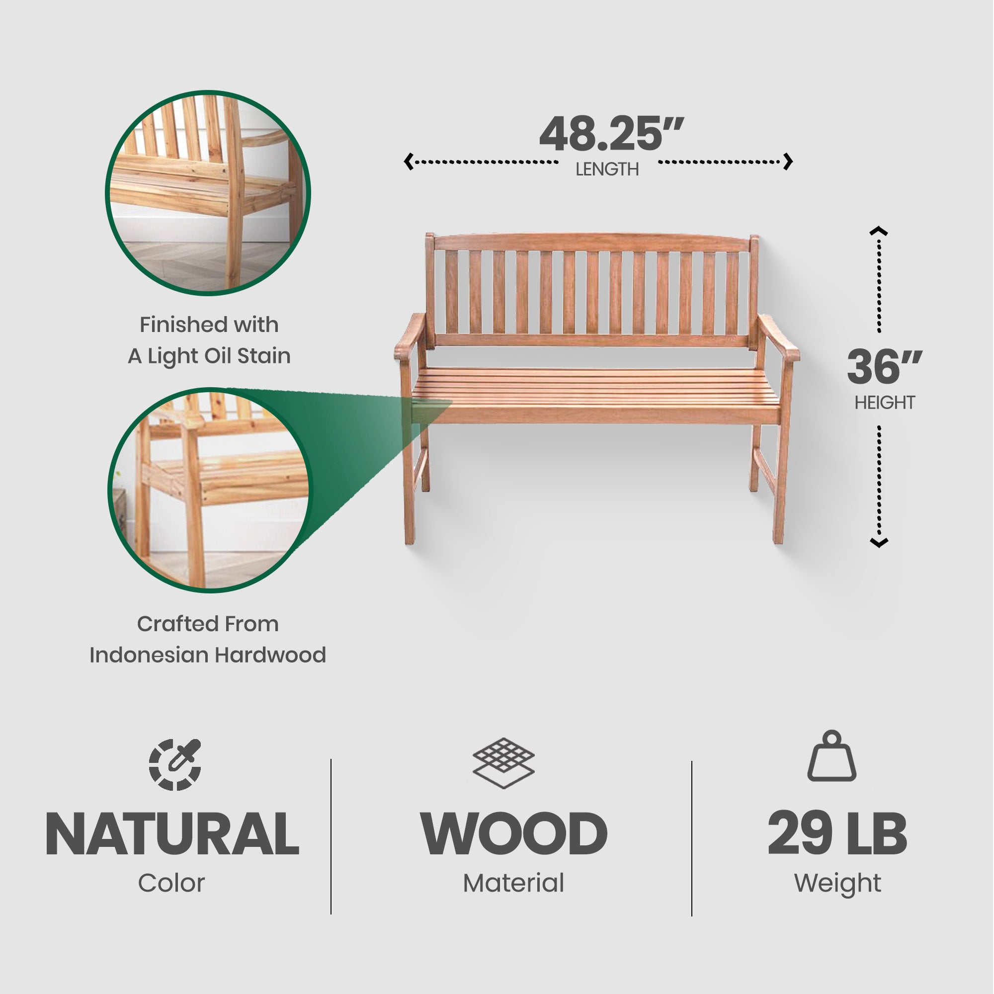 Jack Post 4 Feet Durable Classic Hardwood Bench Sits Up To 2 People for Patio - VMInnovations