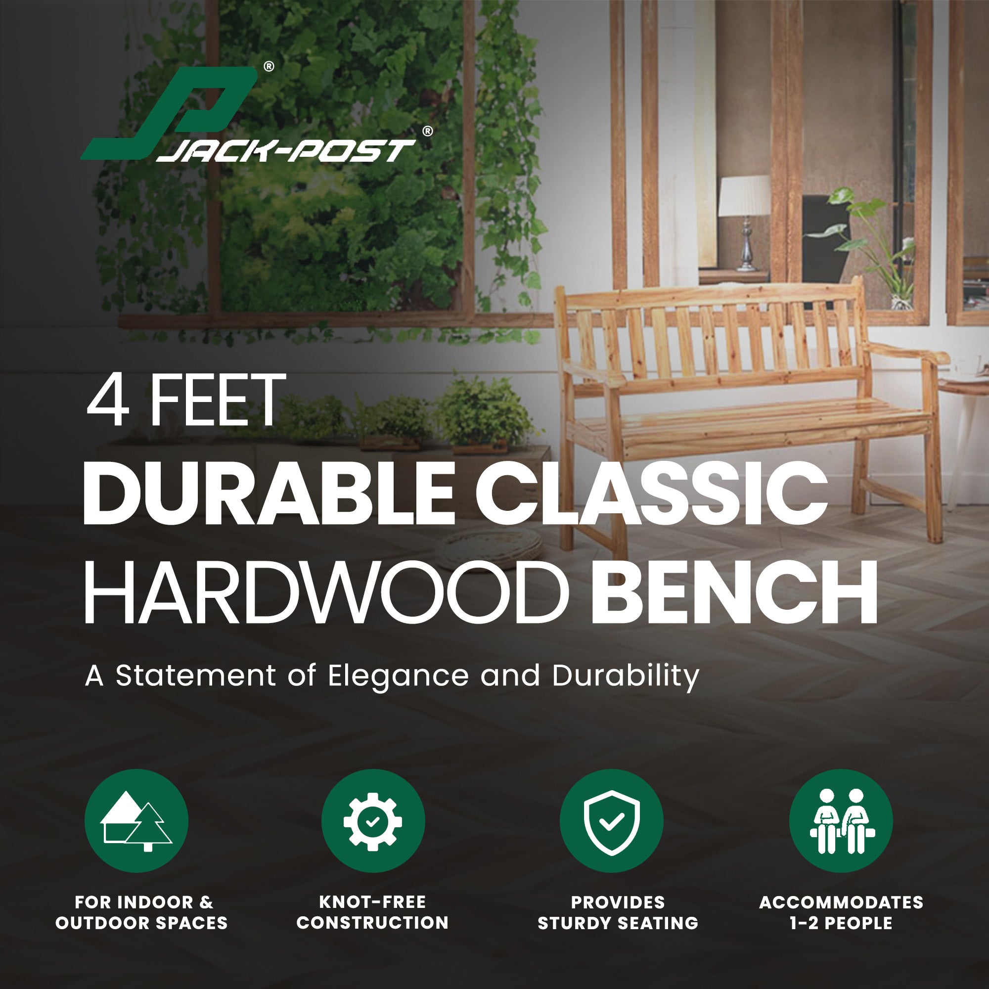 Jack Post 4 Feet Durable Classic Hardwood Bench Sits Up To 2 People for Patio - VMInnovations