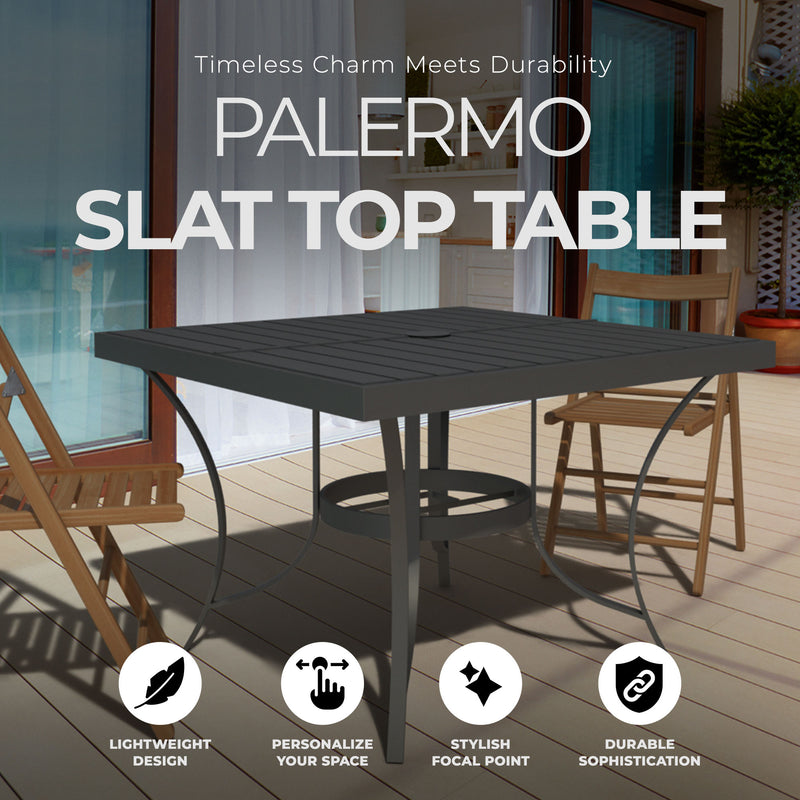Four Seasons Courtyard Palermo Slat Top Dining Table with Umbrella Hole, Gray