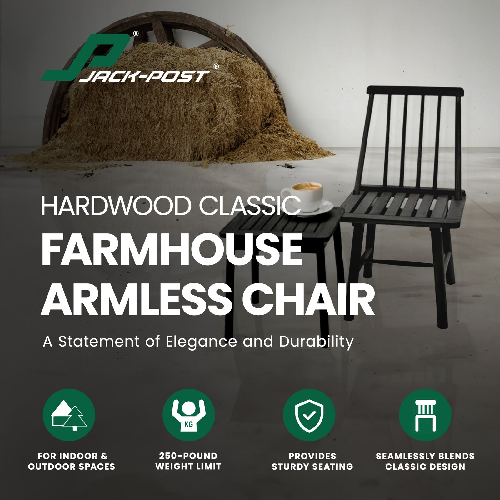 Jack Post Classic Indoor and Outdoor Farmhouse Armless Chair, Black (Open Box) - VMInnovations