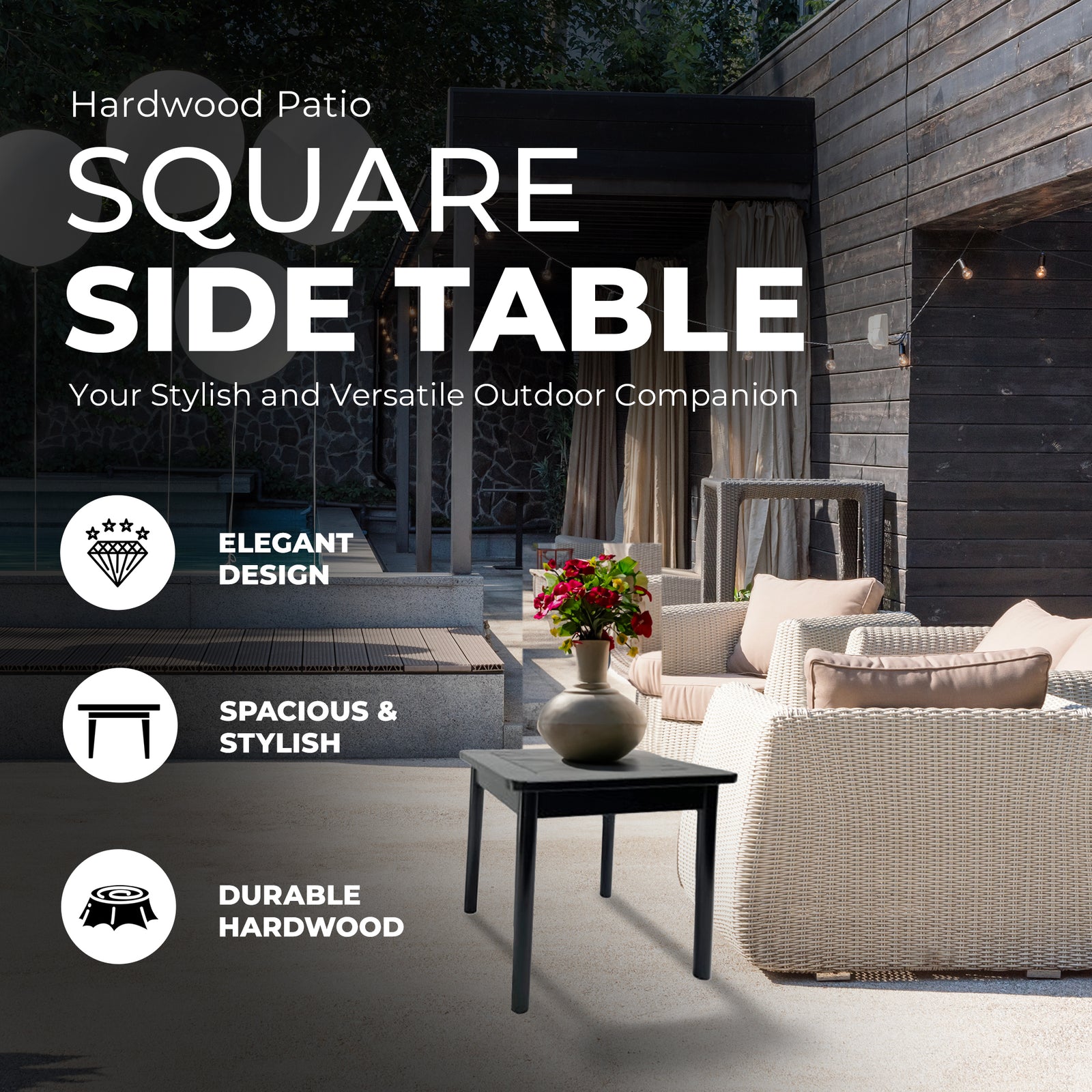 Jack Post Outdoor Hardwood Square Patio Dining Side End Table, Black (Open Box) - VMInnovations