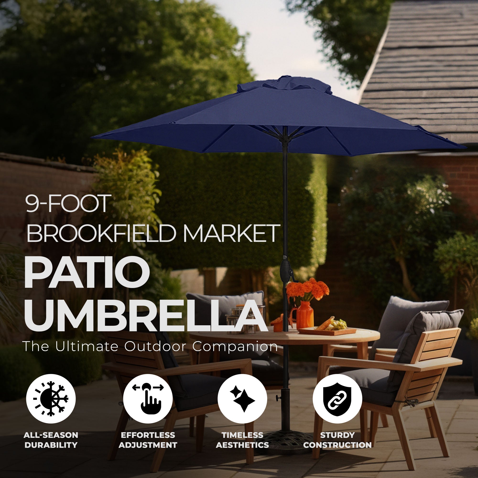 Four Seasons Courtyard Brookfield 9 Foot Outdoor Patio Market Umbrella, Navy - VMInnovations
